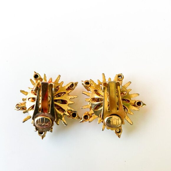 Vintage Hobe Gold-Tone  Star Sunburst Clip-On Earrings  Clear Rhinestones - Picture 4 of 5